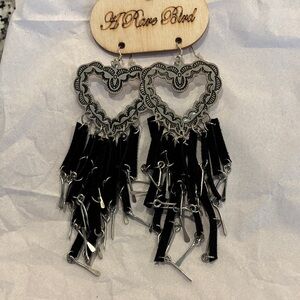 Black and Silver heart and suede earrings